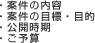 ・案件の内容 ・案件の目標・目的 ・公開時期 ・ご予算